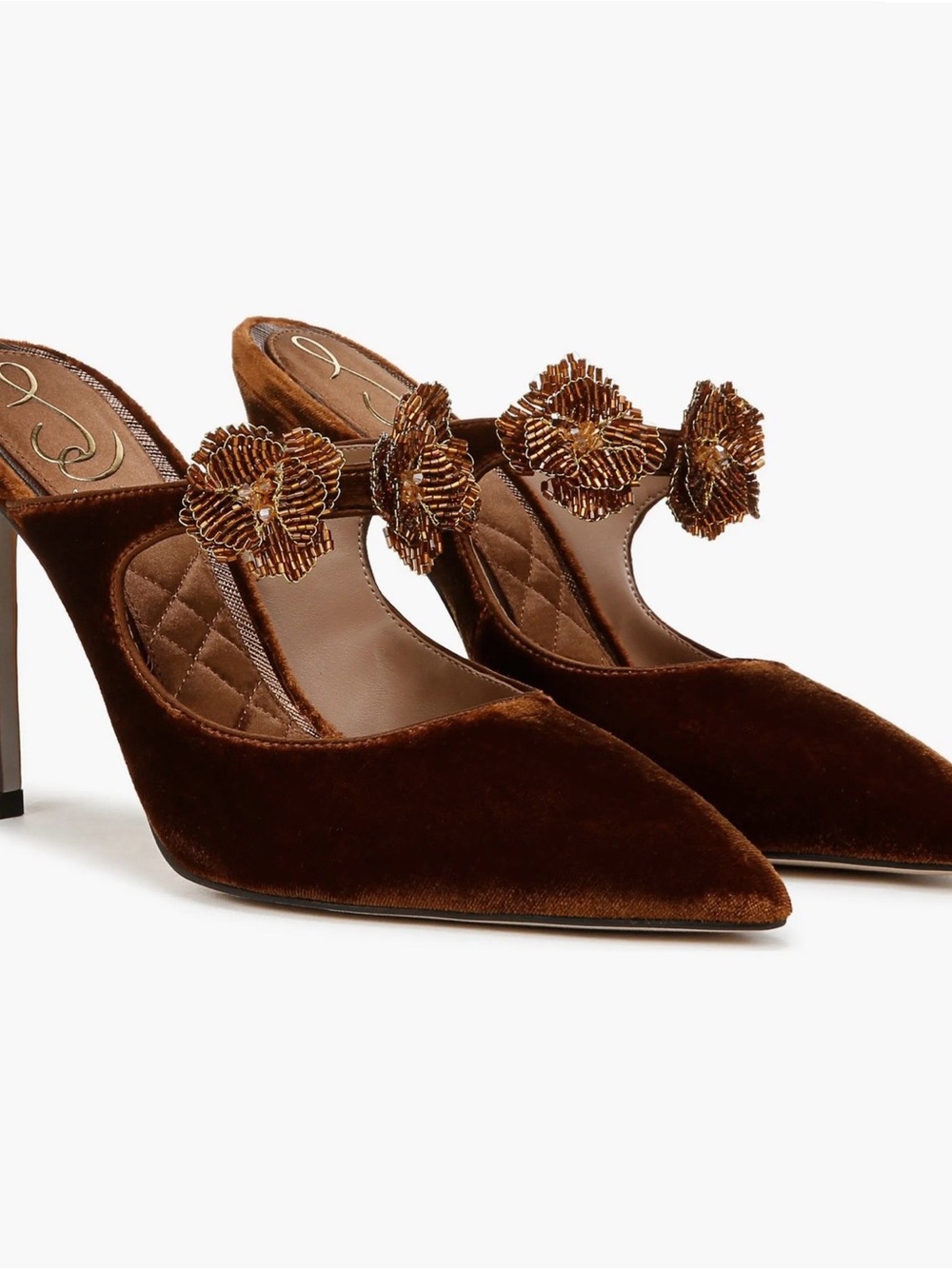 Sam Edelman Brown Velvet Pointed Mules with Beaded Floral Straps